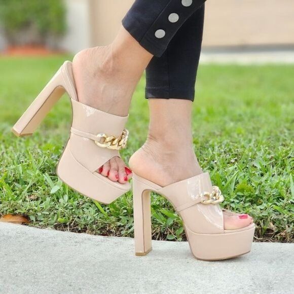 Women's Platform Heeled Mule Open Loafers Nude Color Patent - Picture 1 of 6